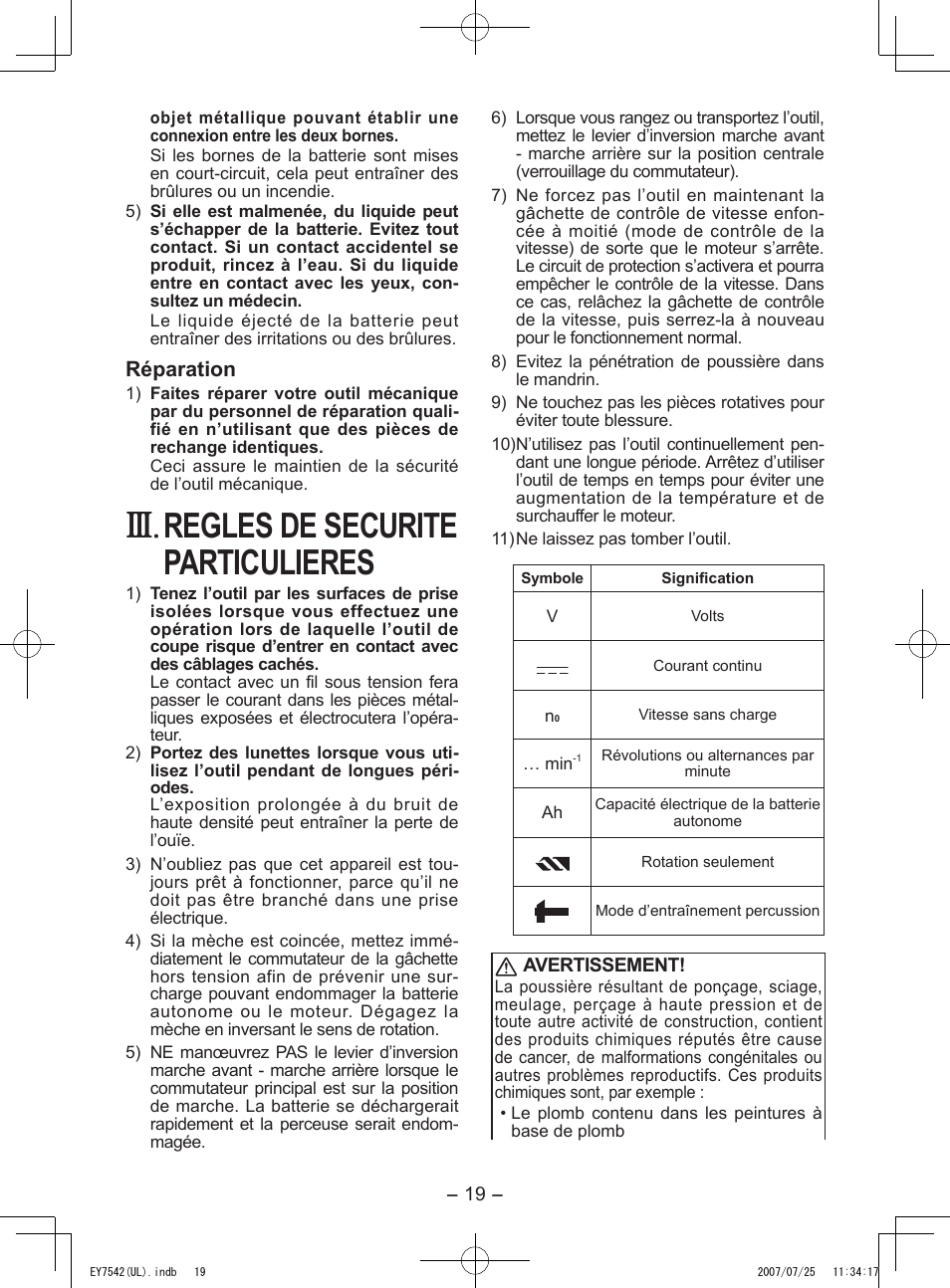 Regles de securite particulieres, Réparation | Panasonic EY7542 User Manual | Page 19 / 48