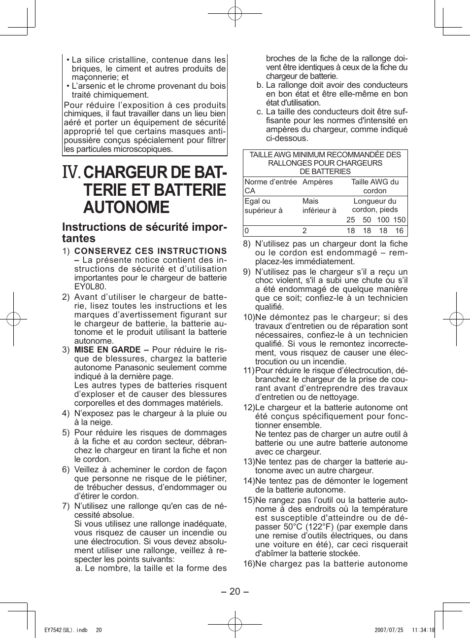 Chargeur de bat- terie et batterie autonome, Instructions de sécurité impor- tantes | Panasonic EY7542 User Manual | Page 20 / 48