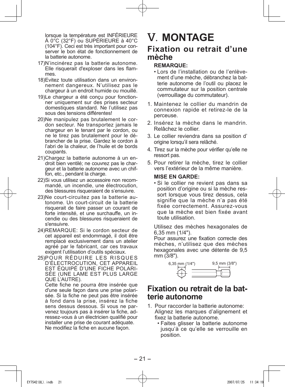 Montage, Fixation ou retrait d’une mèche, Fixation ou retrait de la bat- terie autonome | Panasonic EY7542 User Manual | Page 21 / 48