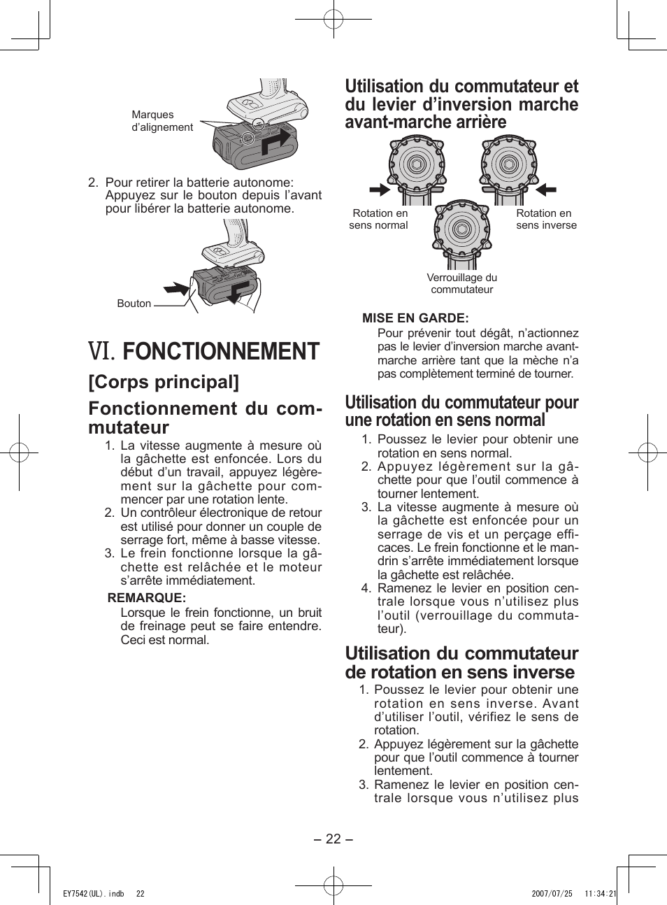 Fonctionnement, Corps principal] fonctionnement du com- mutateur | Panasonic EY7542 User Manual | Page 22 / 48