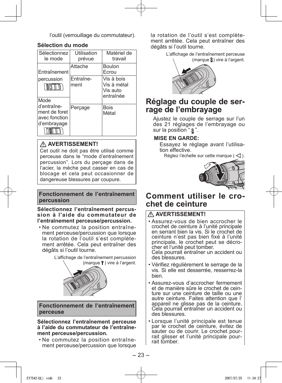 Réglage du couple de ser- rage de l’embrayage, Comment utiliser le cro- chet de ceinture | Panasonic EY7542 User Manual | Page 23 / 48