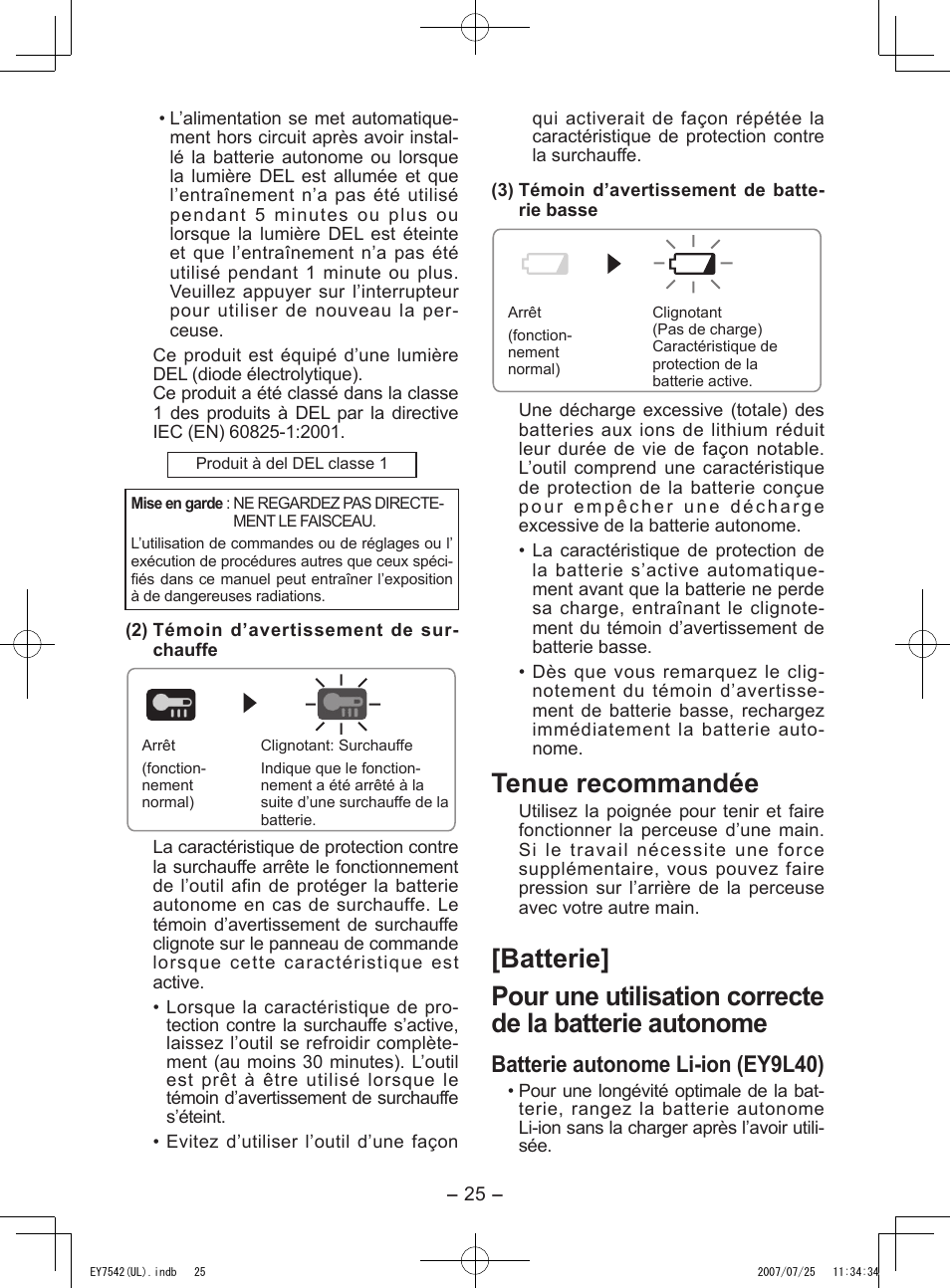 Tenue recommandée, Batterie autonome li-ion (ey9l40) | Panasonic EY7542 User Manual | Page 25 / 48