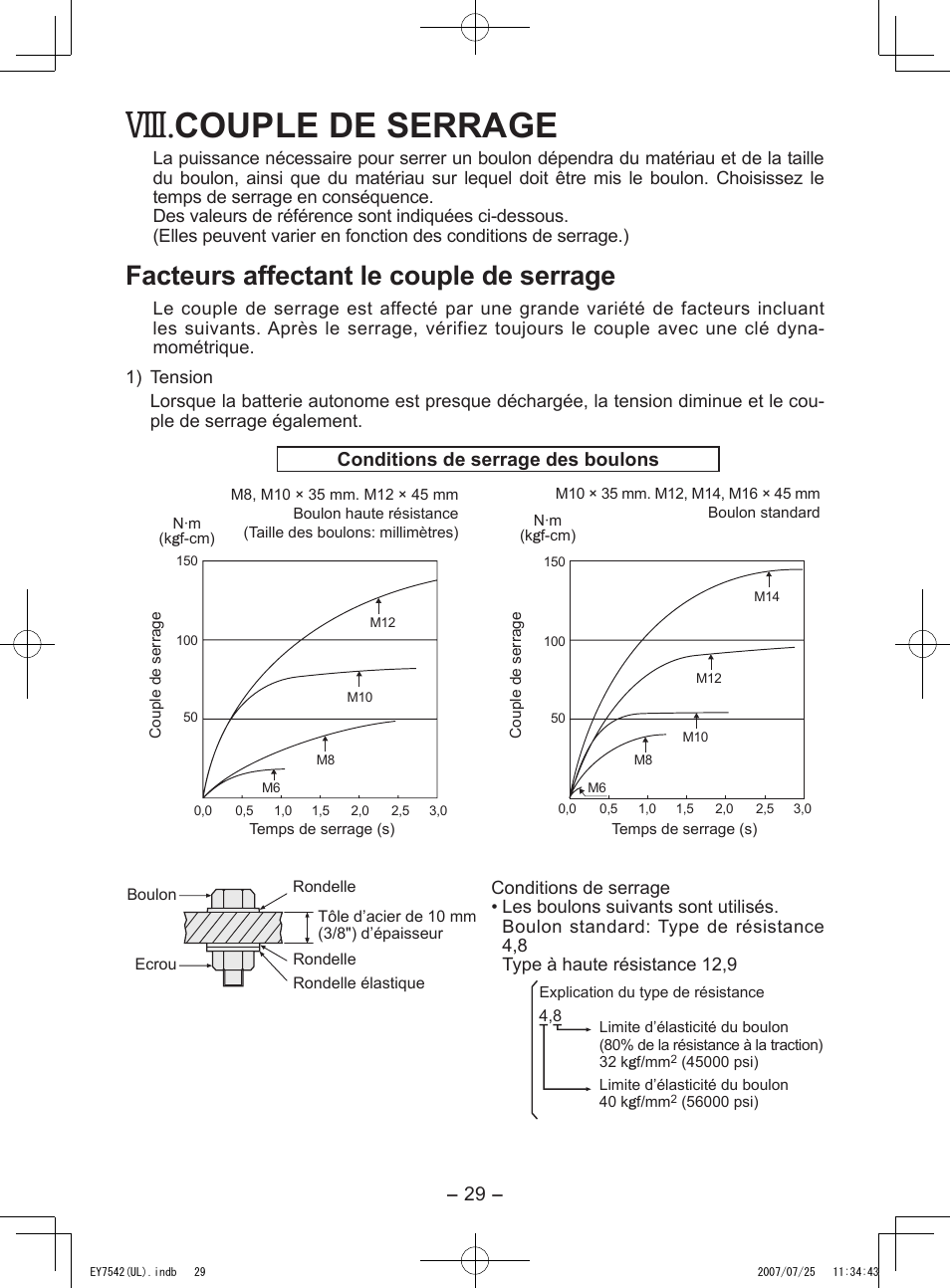 Viii, Couple de serrage, Facteurs affectant le couple de serrage | Panasonic EY7542 User Manual | Page 29 / 48
