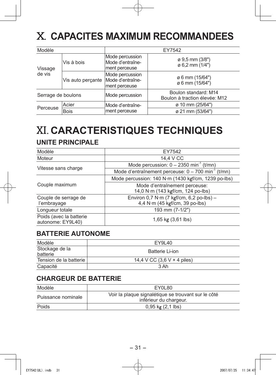 Capacites maximum recommandees, Caracteristiques techniques, Unite principale | Batterie autonome, Chargeur de batterie | Panasonic EY7542 User Manual | Page 31 / 48