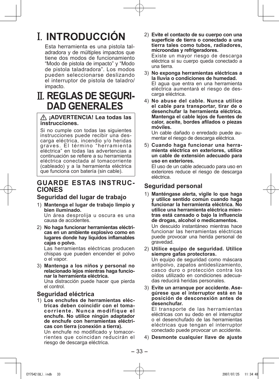 Introducción, Reglas de seguri- dad generales, Guarde estas instruc- ciones | Panasonic EY7542 User Manual | Page 33 / 48