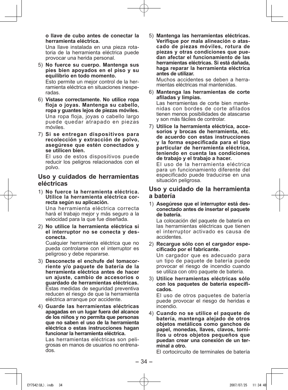 Uso y cuidados de herramientas eléctricas, Uso y cuidado de la herramienta a batería | Panasonic EY7542 User Manual | Page 34 / 48