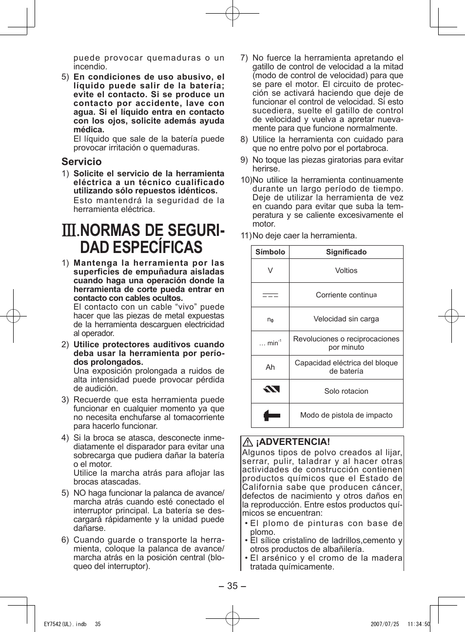Normas de seguri- dad específicas, Servicio | Panasonic EY7542 User Manual | Page 35 / 48