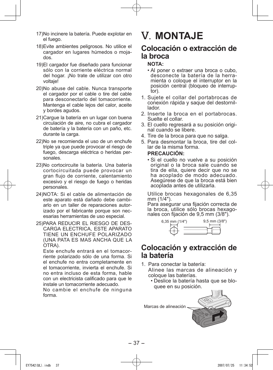 Montaje, Colocación o extracción de la broca, Colocación y extracción de la batería | Panasonic EY7542 User Manual | Page 37 / 48