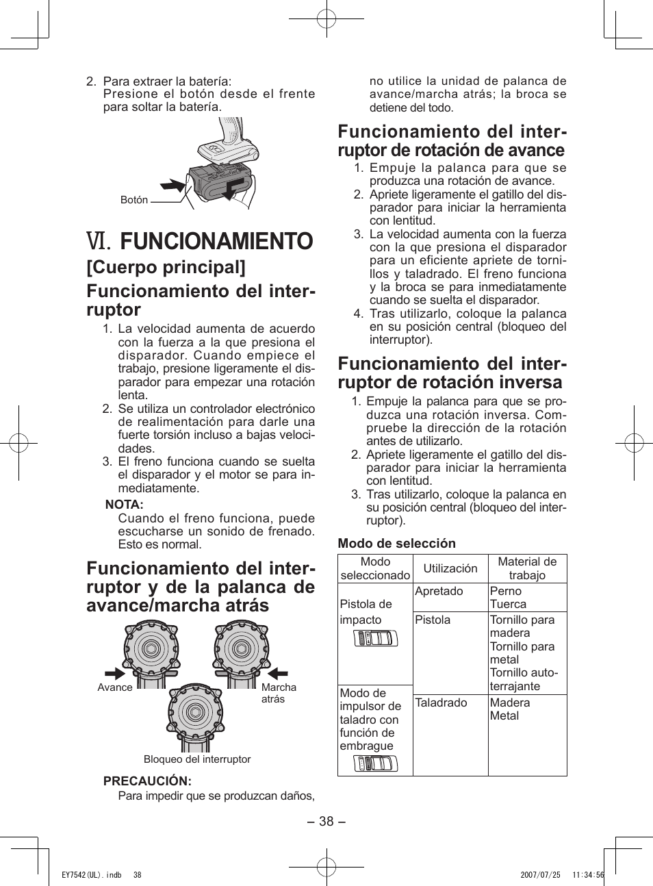 Funcionamiento, Cuerpo principal] funcionamiento del inter- ruptor | Panasonic EY7542 User Manual | Page 38 / 48