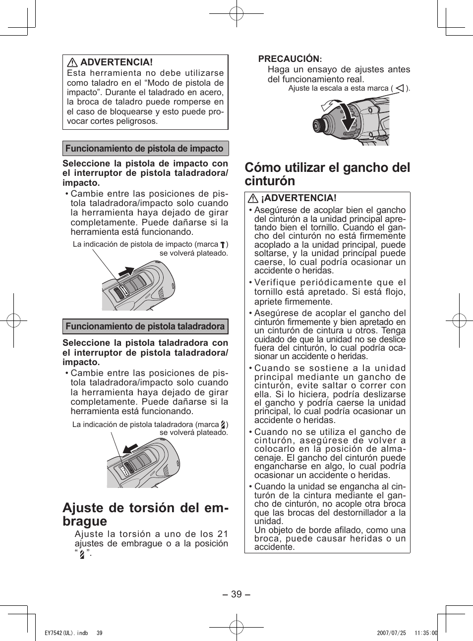 Ajuste de torsión del em- brague, Cómo utilizar el gancho del cinturón | Panasonic EY7542 User Manual | Page 39 / 48