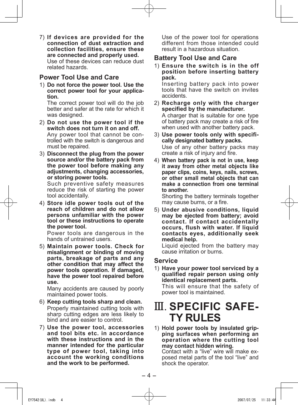 Specific safe- ty rules | Panasonic EY7542 User Manual | Page 4 / 48