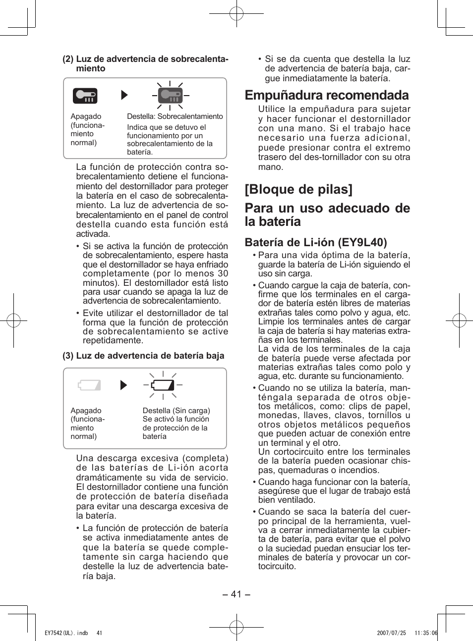 Empuñadura recomendada, Batería de li-ión (ey9l40) | Panasonic EY7542 User Manual | Page 41 / 48