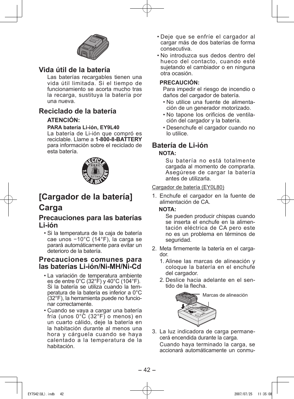 Cargador de la batería] carga, Vida útil de la batería, Reciclado de la batería | Precauciones para las baterías li-ión, Batería de li-ión | Panasonic EY7542 User Manual | Page 42 / 48