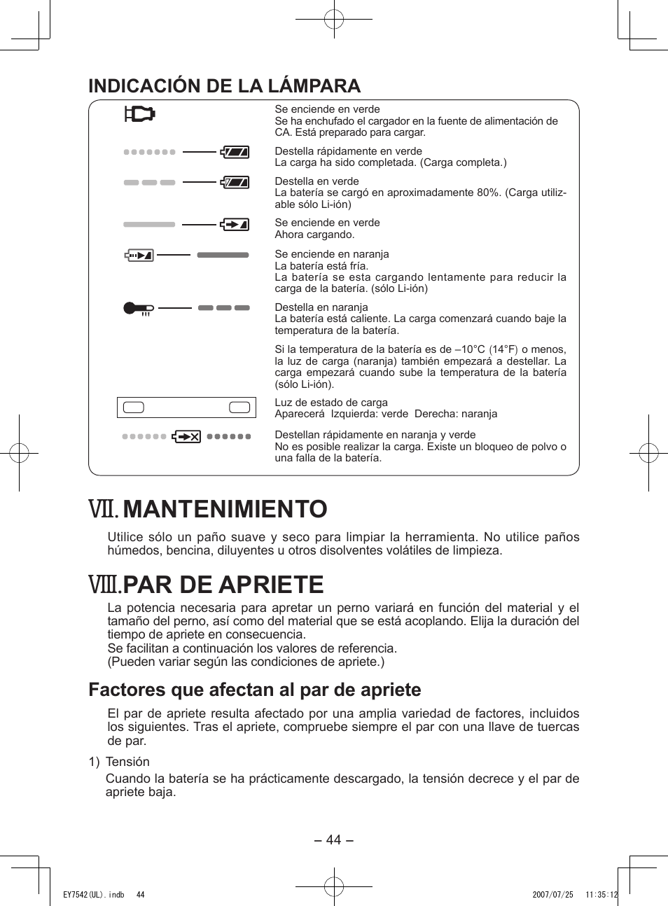 Viii, Mantenimiento, Par de apriete | Indicación de la lámpara, Factores que afectan al par de apriete | Panasonic EY7542 User Manual | Page 44 / 48
