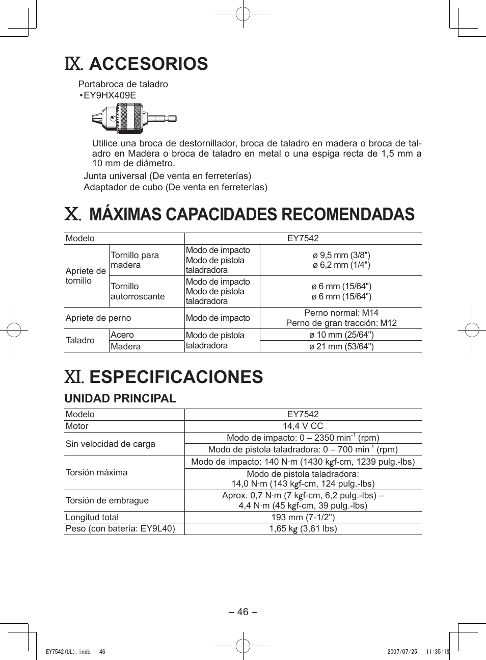 Accesorios, Máximas capacidades recomendadas, Especificaciones | Unidad principal | Panasonic EY7542 User Manual | Page 46 / 48