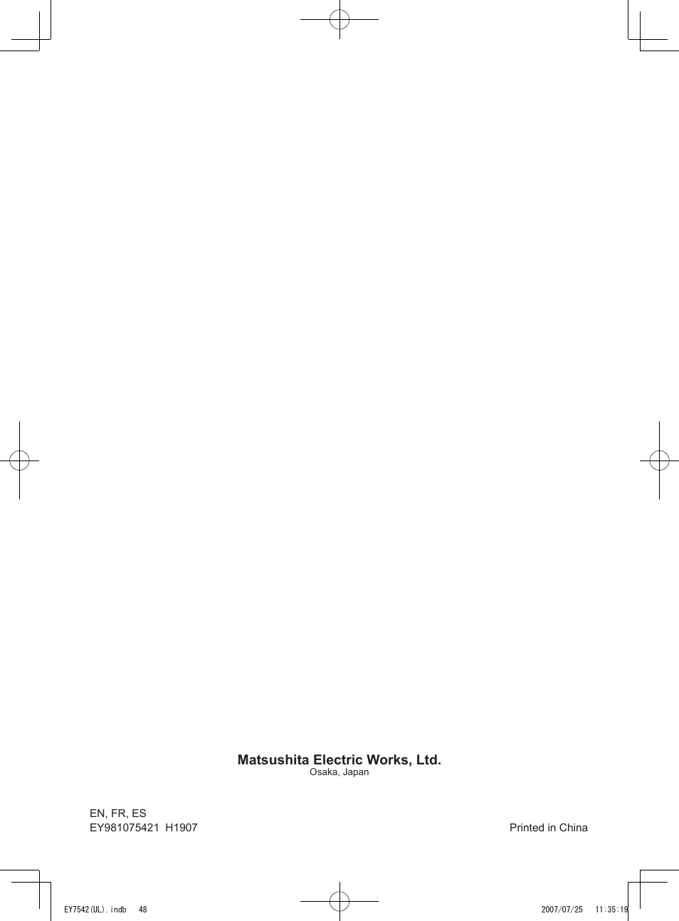 Matsushita electric works, ltd | Panasonic EY7542 User Manual | Page 48 / 48