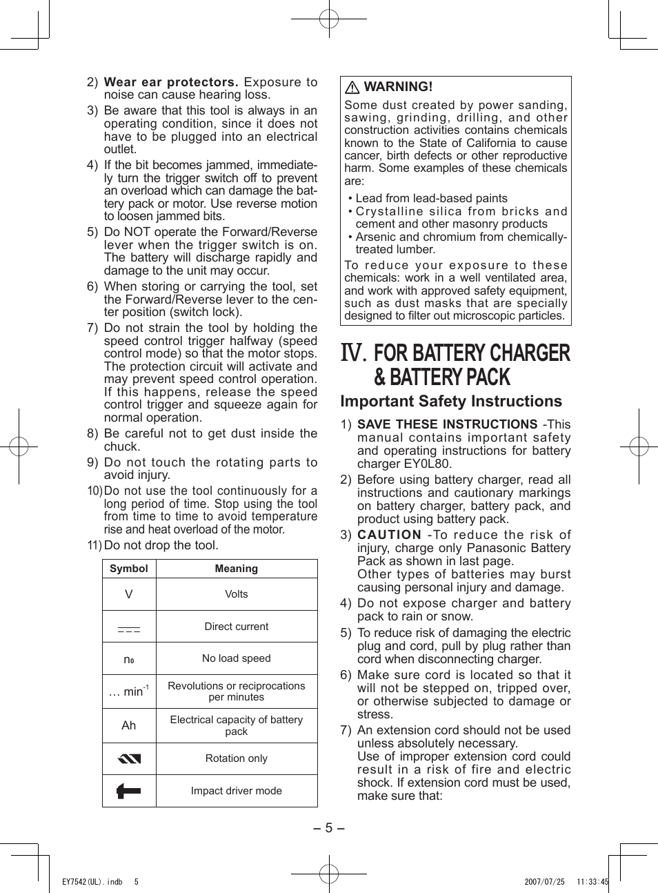 For battery charger & battery pack, Important safety instructions | Panasonic EY7542 User Manual | Page 5 / 48