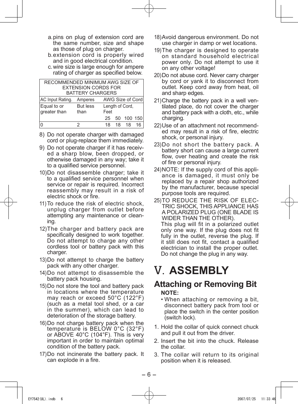 Assembly, Attaching or removing bit | Panasonic EY7542 User Manual | Page 6 / 48
