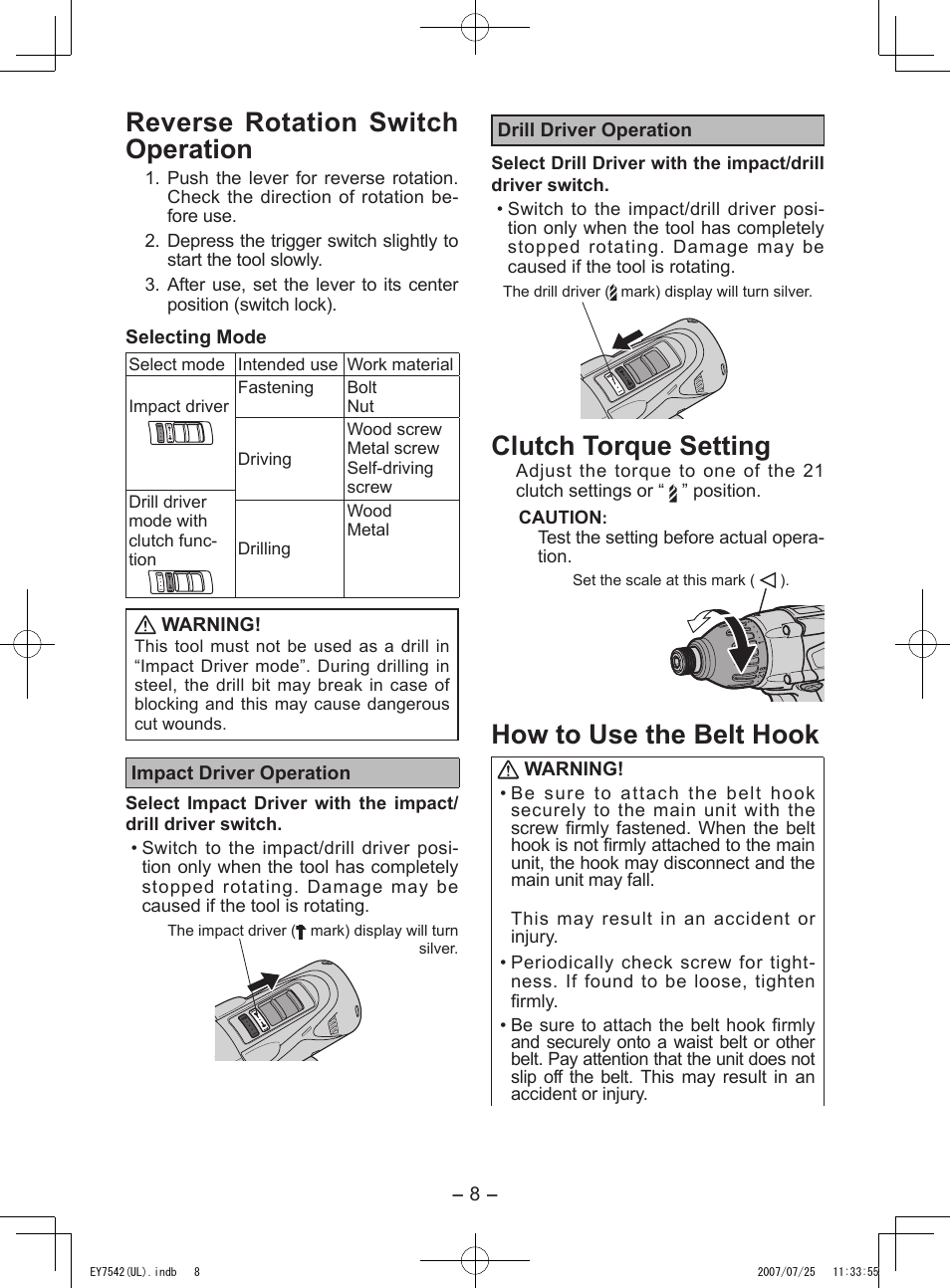 Reverse rotation switch operation, Clutch torque setting, How to use the belt hook | Panasonic EY7542 User Manual | Page 8 / 48