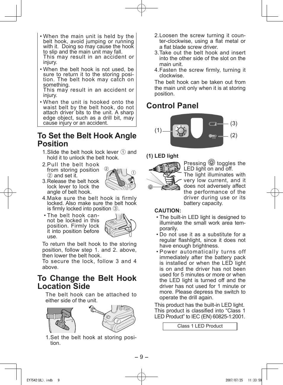 Control panel | Panasonic EY7542 User Manual | Page 9 / 48