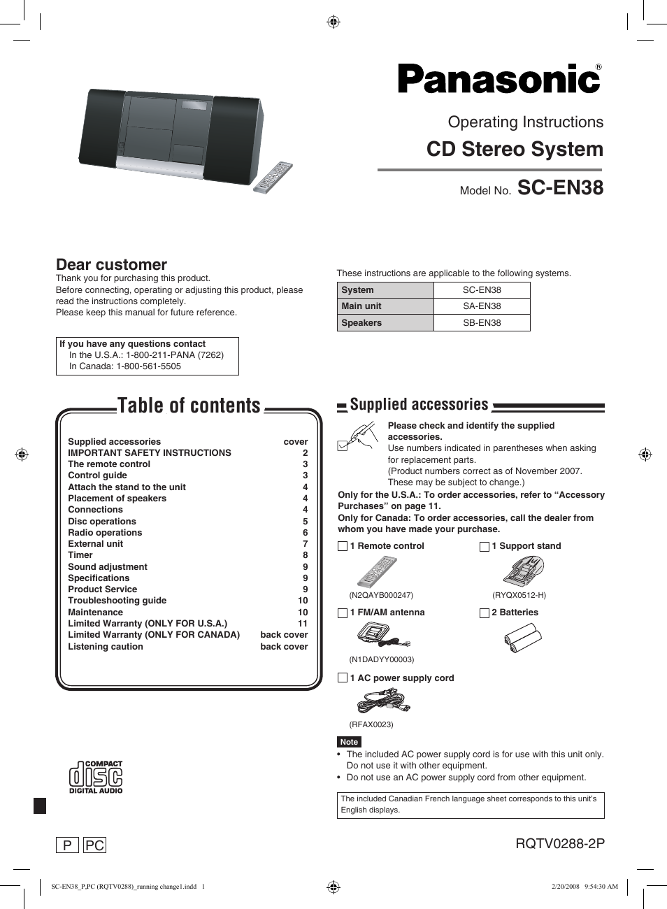 Panasonic SCEN38 User Manual | 12 pages