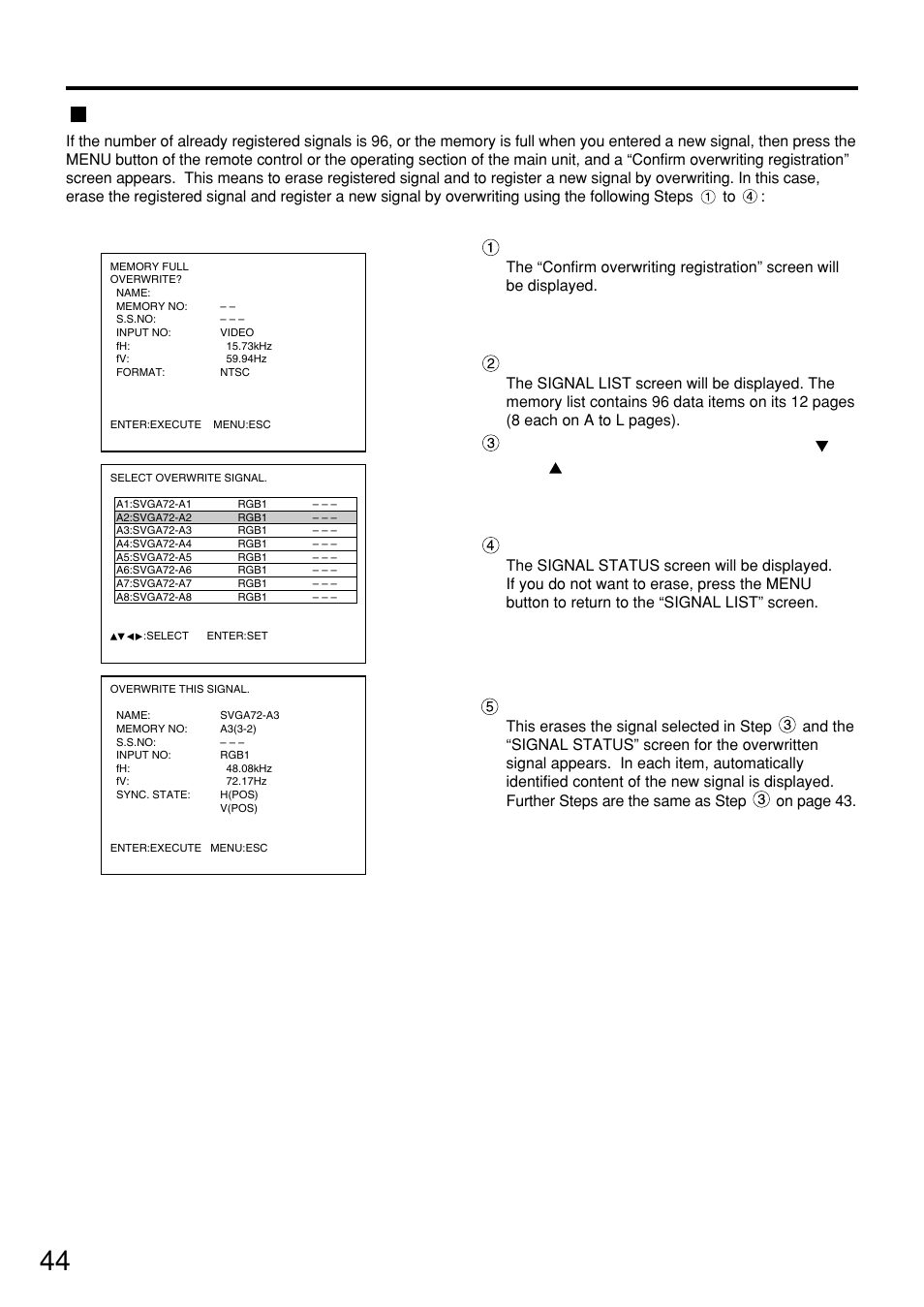 Registration of input signal data, Press the “menu” button, Press the enter button | Panasonic PT-D7500U User Manual | Page 44 / 112
