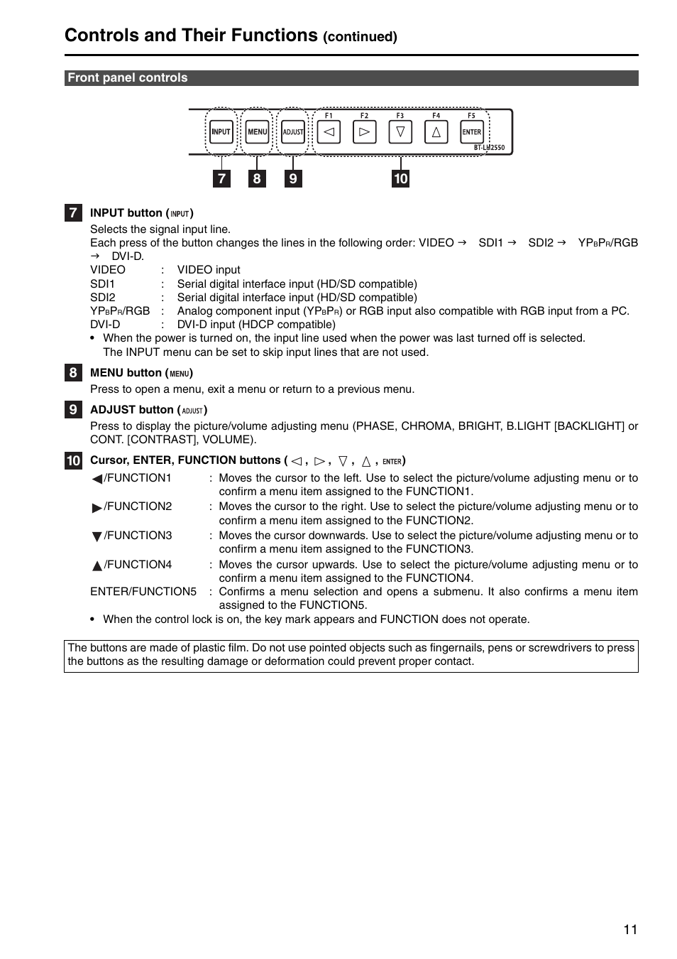 Front panel controls, Controls and their functions, Continued) | Panasonic BT-LH2550P User Manual | Page 11 / 56