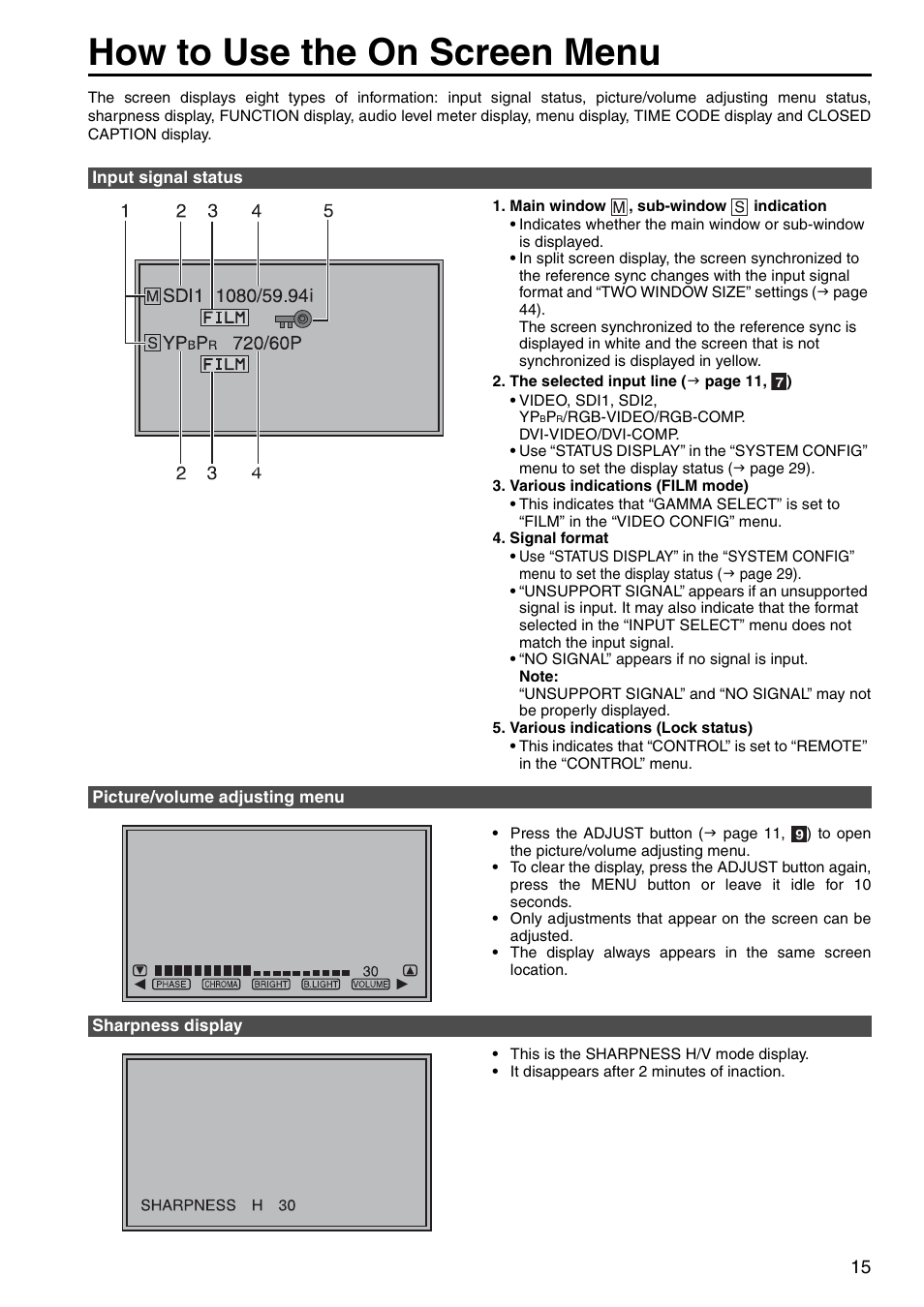 How to use the on screen menu | Panasonic BT-LH2550P User Manual | Page 15 / 56