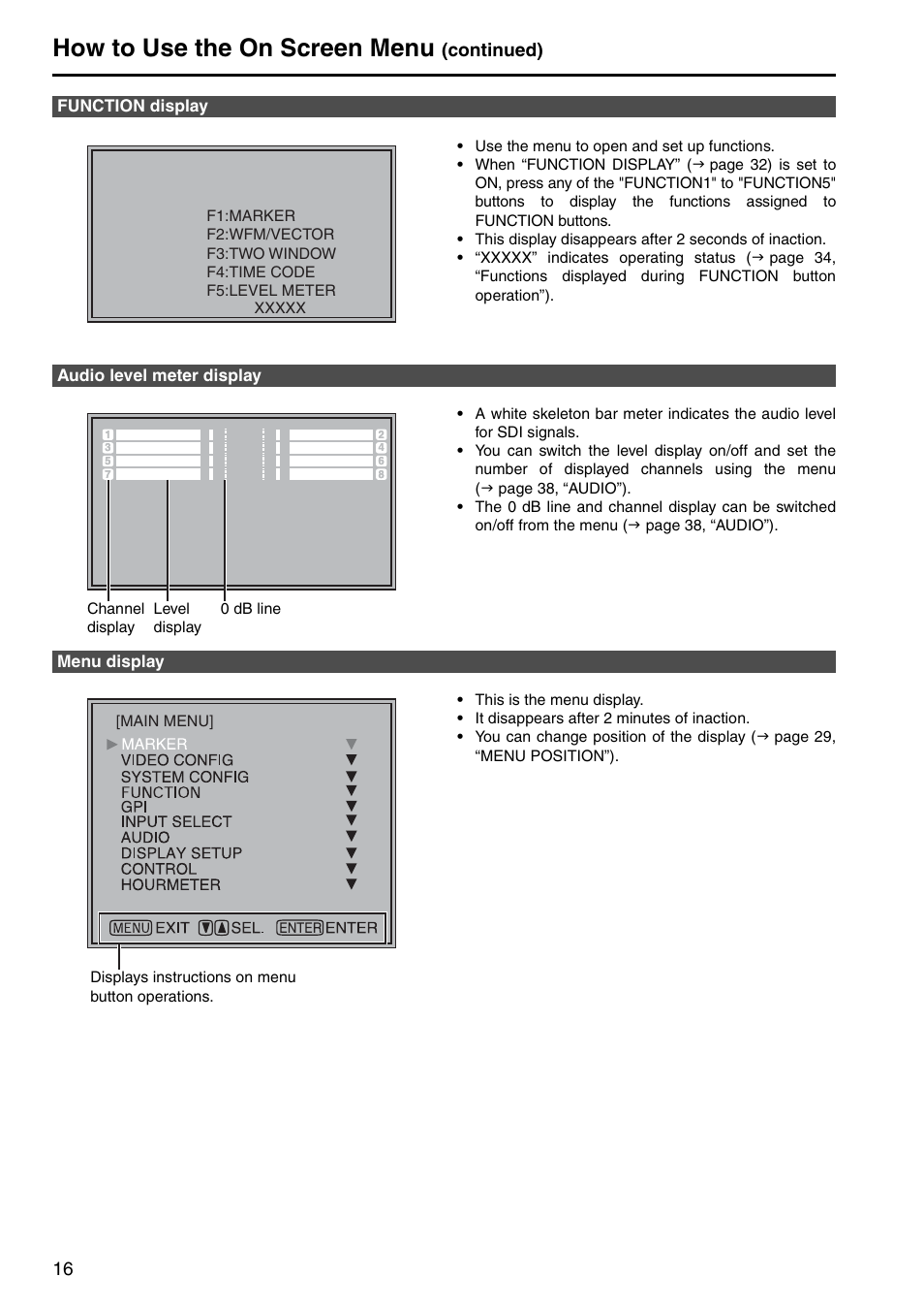 How to use the on screen menu, Continued) | Panasonic BT-LH2550P User Manual | Page 16 / 56