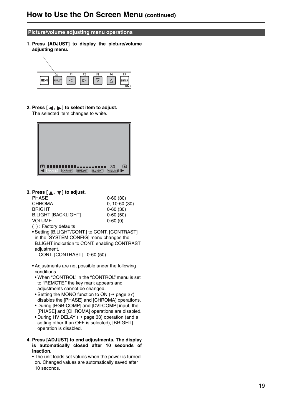 How to use the on screen menu, Continued) | Panasonic BT-LH2550P User Manual | Page 19 / 56