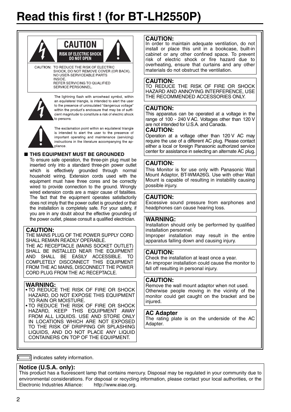 Read this first ! (for bt-lh2550p) | Panasonic BT-LH2550P User Manual | Page 2 / 56