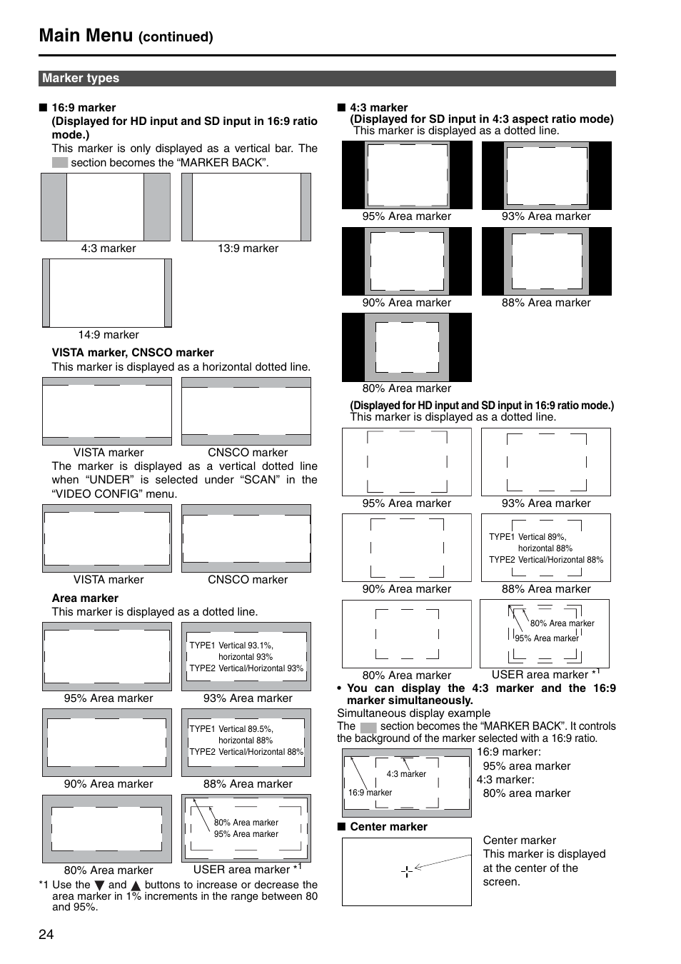 Marker types, Main menu, Continued) | Panasonic BT-LH2550P User Manual | Page 24 / 56