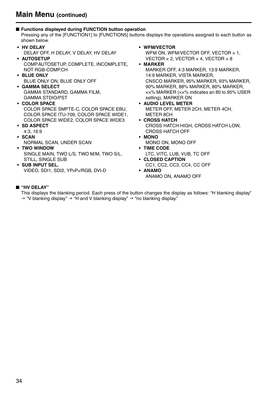 Main menu, Continued) | Panasonic BT-LH2550P User Manual | Page 34 / 56