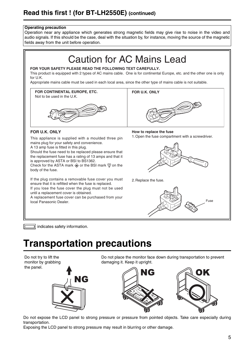 Transportation precautions, Caution for ac mains lead, Read this first ! (for bt-lh2550e) | Panasonic BT-LH2550P User Manual | Page 5 / 56