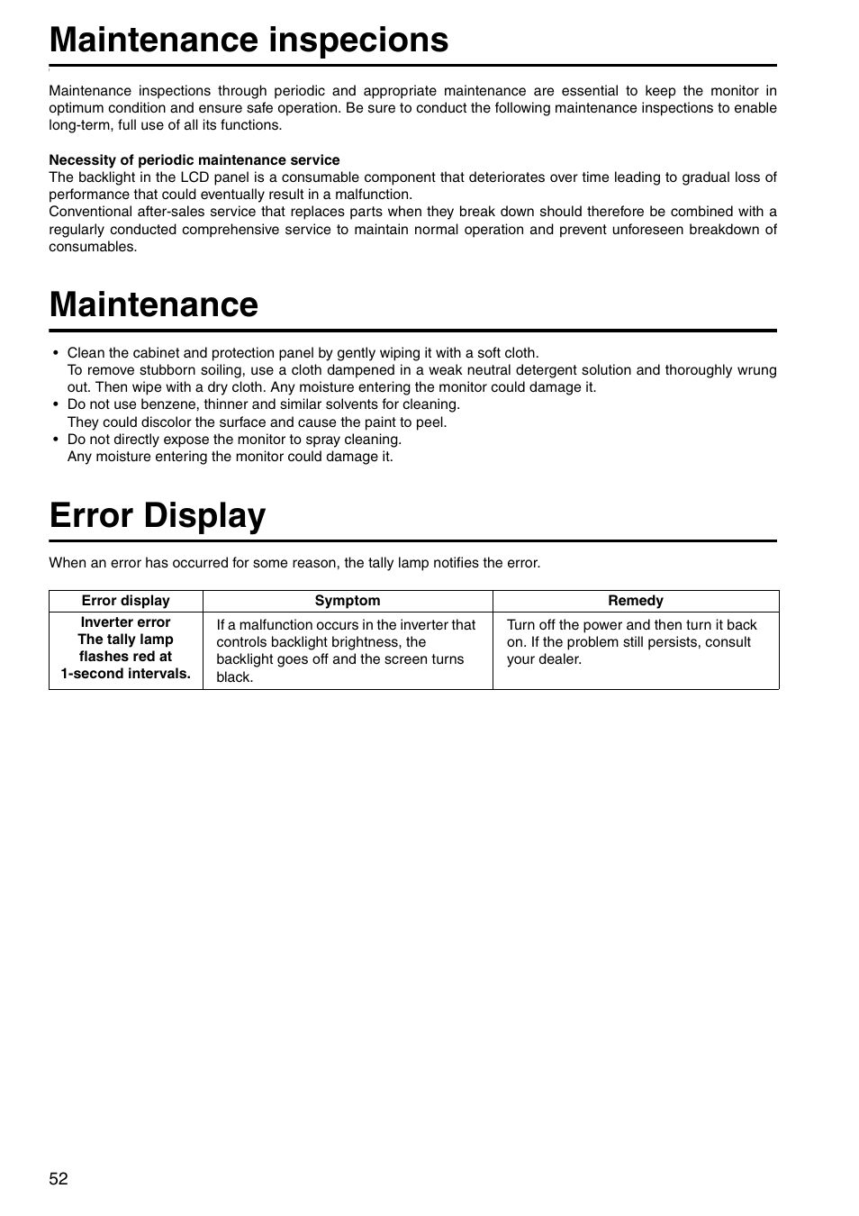 Maintenance inspecions, Maintenance, Error display | Panasonic BT-LH2550P User Manual | Page 52 / 56