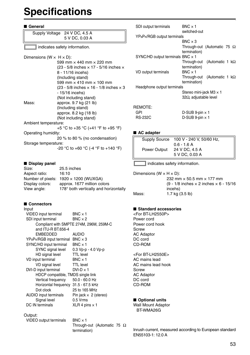 Specifications | Panasonic BT-LH2550P User Manual | Page 53 / 56