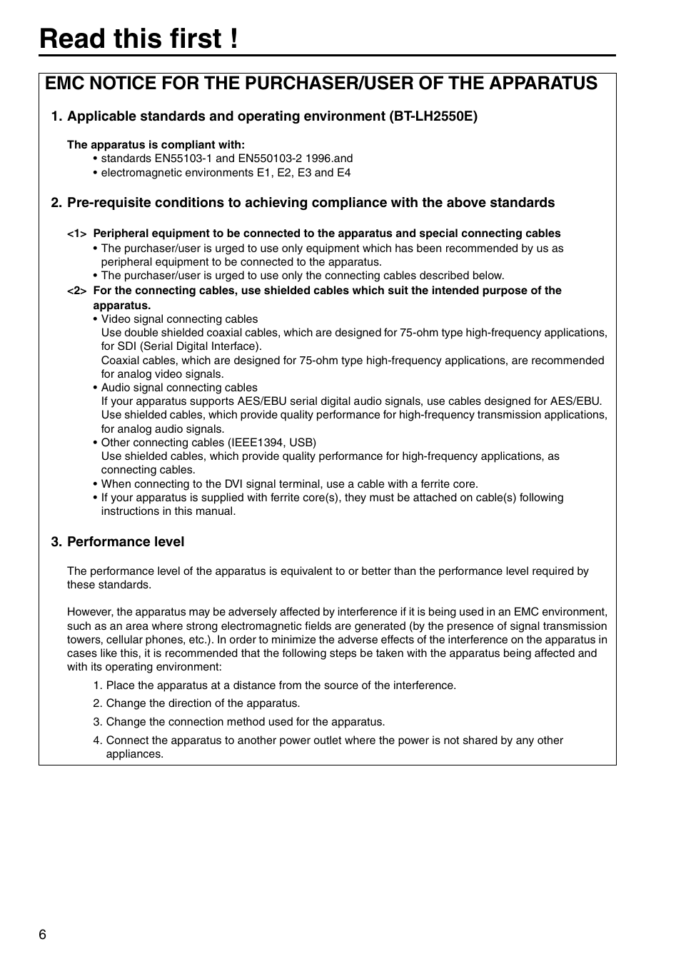 Read this first, Emc notice for the purchaser/user of the apparatus | Panasonic BT-LH2550P User Manual | Page 6 / 56