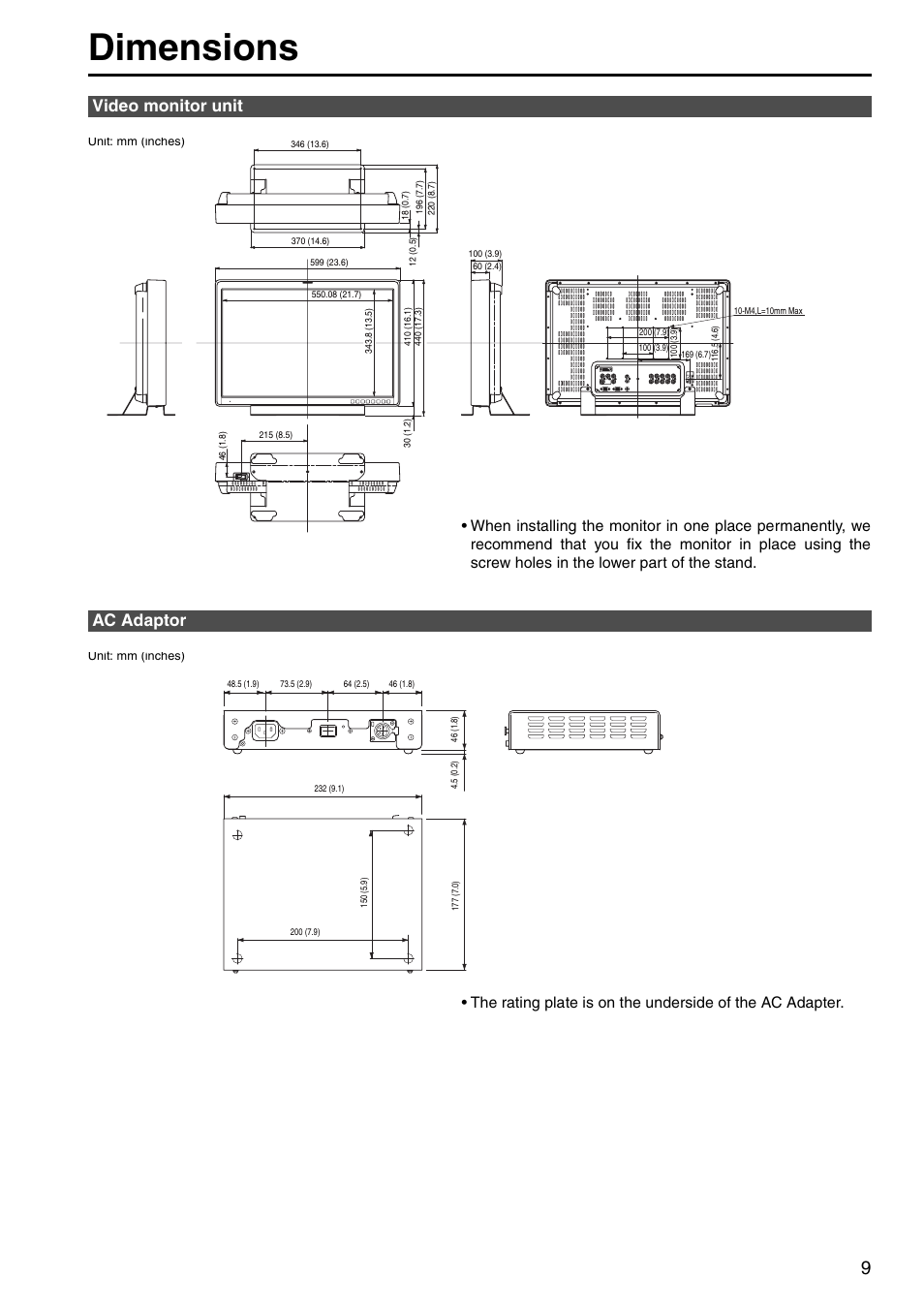 Dimensions, Video monitor unit ac adaptor | Panasonic BT-LH2550P User Manual | Page 9 / 56