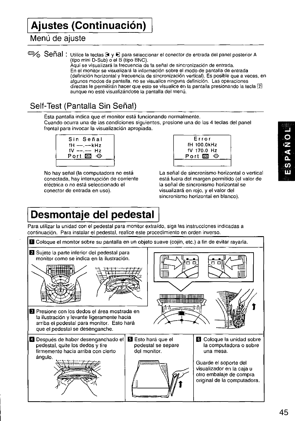 Ajustes (continuación), Desmontaje del pedestal, Menú de ajuste | Self-test (pantalla sin señal) | Panasonic TX-D9S45MB User Manual | Page 46 / 51