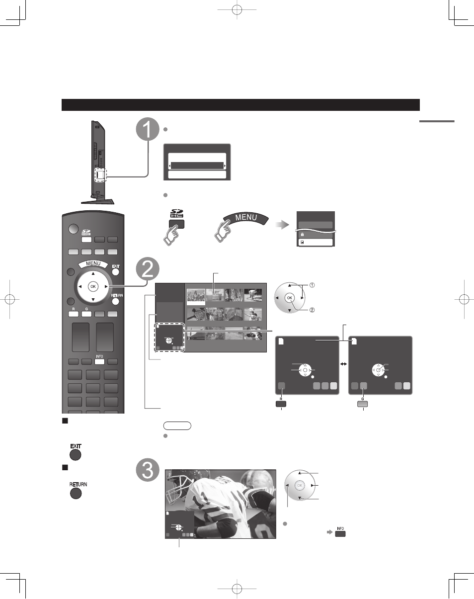 Para ver imágenes de tarjeta sd, Seleccione los datos que va a ver, Vea la imagen | Visualizador de fotos, Pulse para salir de la pantalla de menú, Para volver a la pantalla anterior | Panasonic TC-32LZ800 User Manual | Page 78 / 114