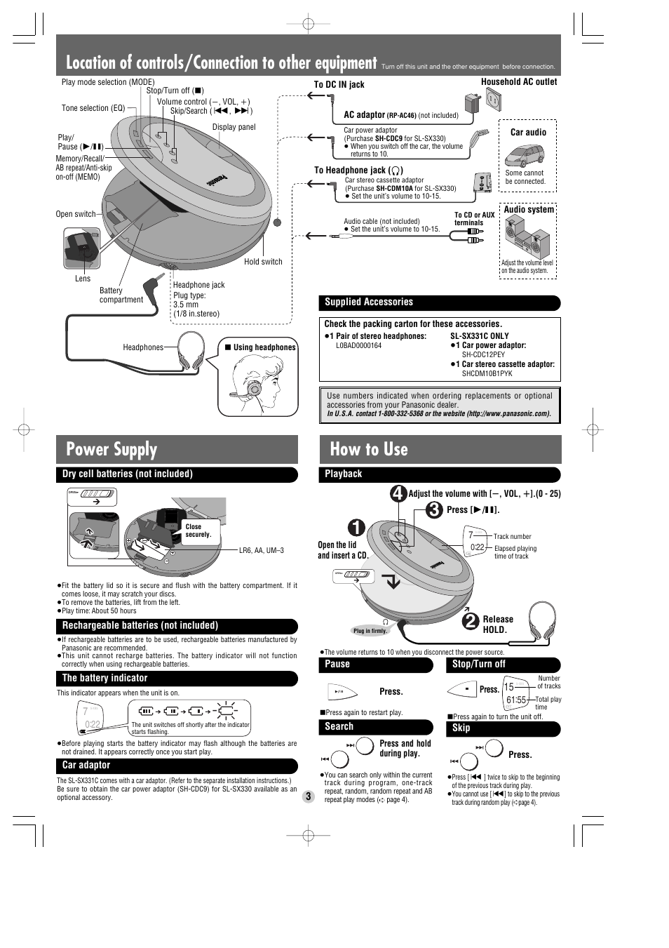 Location of controls/connection to other equipment, Power supply, How to use | Panasonic SL-SX3314C User Manual | Page 3 / 4