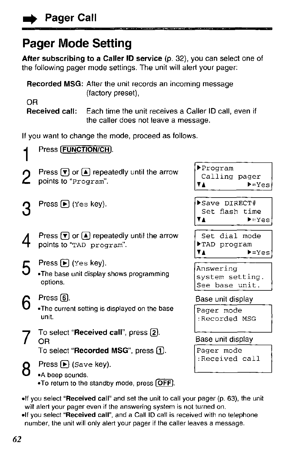 Pager mode setting, Pager call | Panasonic KX-TG2670N User Manual | Page 62 / 92