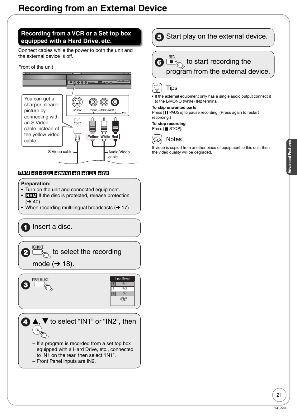 Recording from an external device, E, r to select “in1” or “in2”, then | Panasonic DIGA DMR-EA18 User Manual | Page 21 / 76