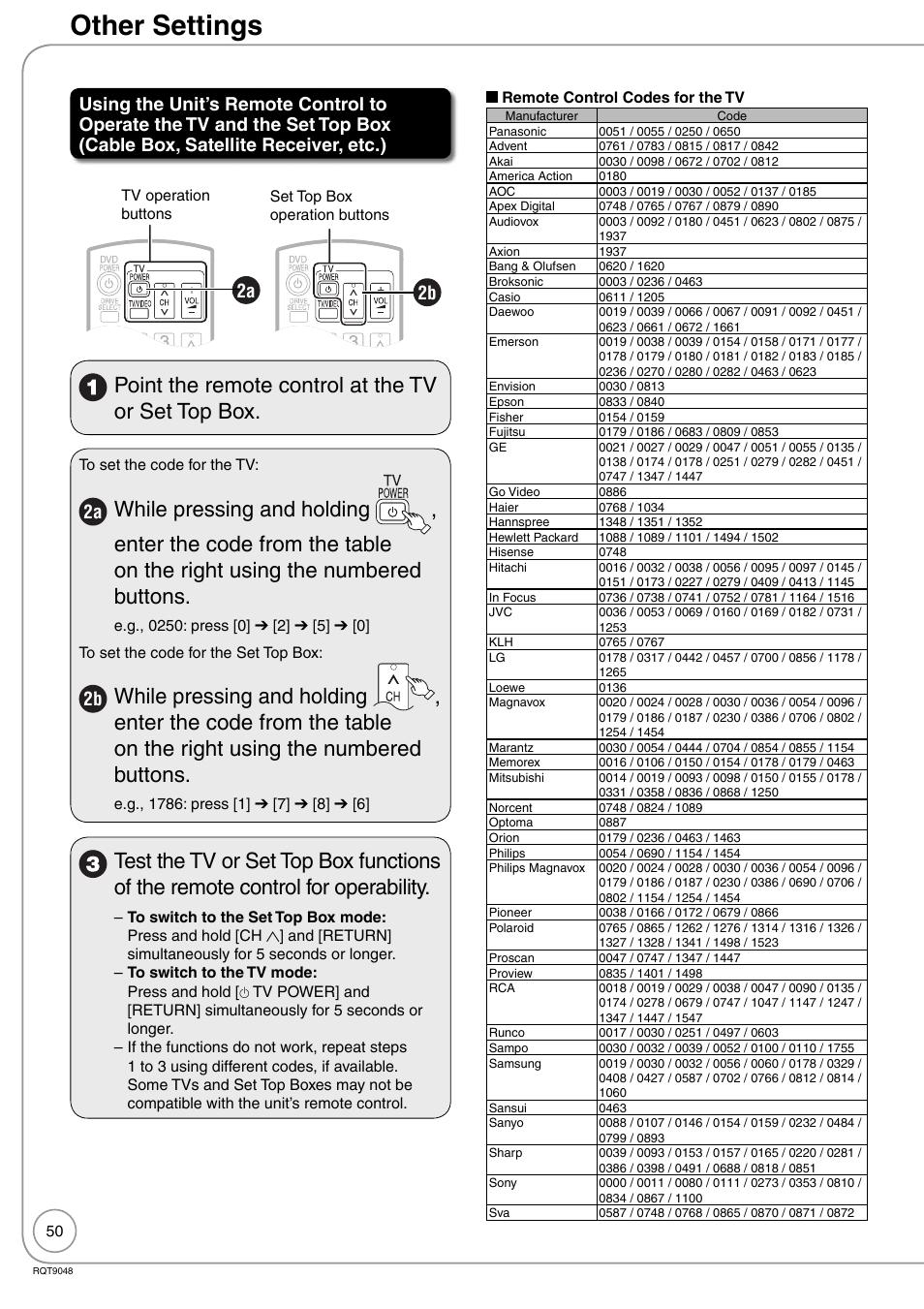 Other settings, Point the remote control at the tv or set top box, 2a 2b | Panasonic DIGA DMR-EA18 User Manual | Page 50 / 76