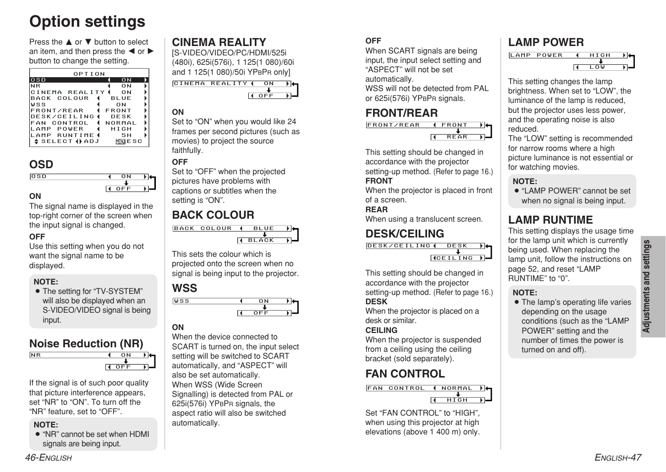 Option settings, Noise reduction (nr), Cinema reality | Back colour, Front/rear, Desk/ceiling, Fan control, Lamp power, Lamp runtime | Panasonic PT-AE700 User Manual | Page 24 / 32