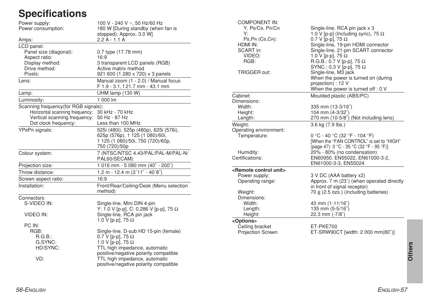Specifications | Panasonic PT-AE700 User Manual | Page 29 / 32