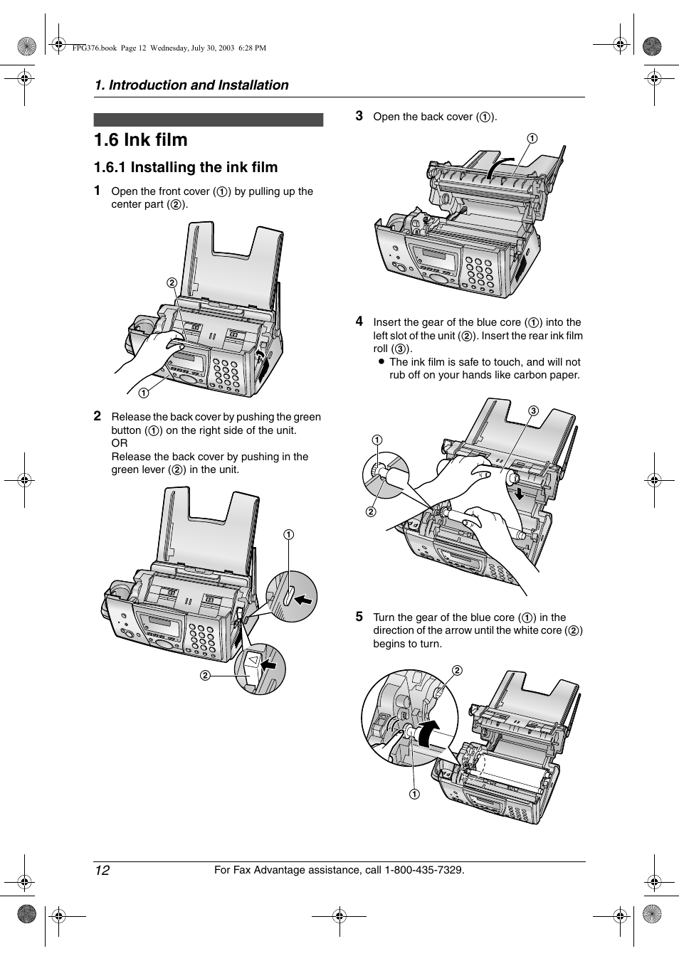 Installation (base unit), 6 ink film, Ink film | 6 ink film, 1 installing the ink film | Panasonic KX-FPG377 User Manual | Page 14 / 94
