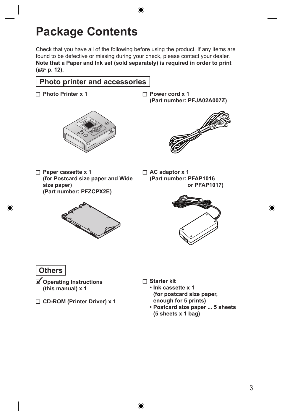 Before use, Package contents, Others | Photo printer and accessories | Panasonic KX-PX2M User Manual | Page 3 / 80