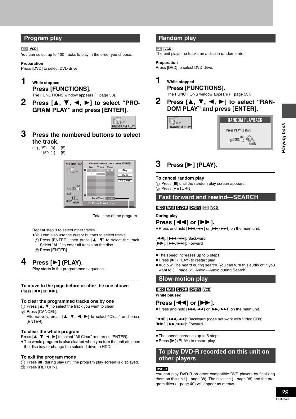 Press [functions, Press the numbered buttons to select the track, Press [ 1 ] (play) | Press [ 6 ] or [ 5, Program play | Panasonic DMR-HS2 User Manual | Page 29 / 76