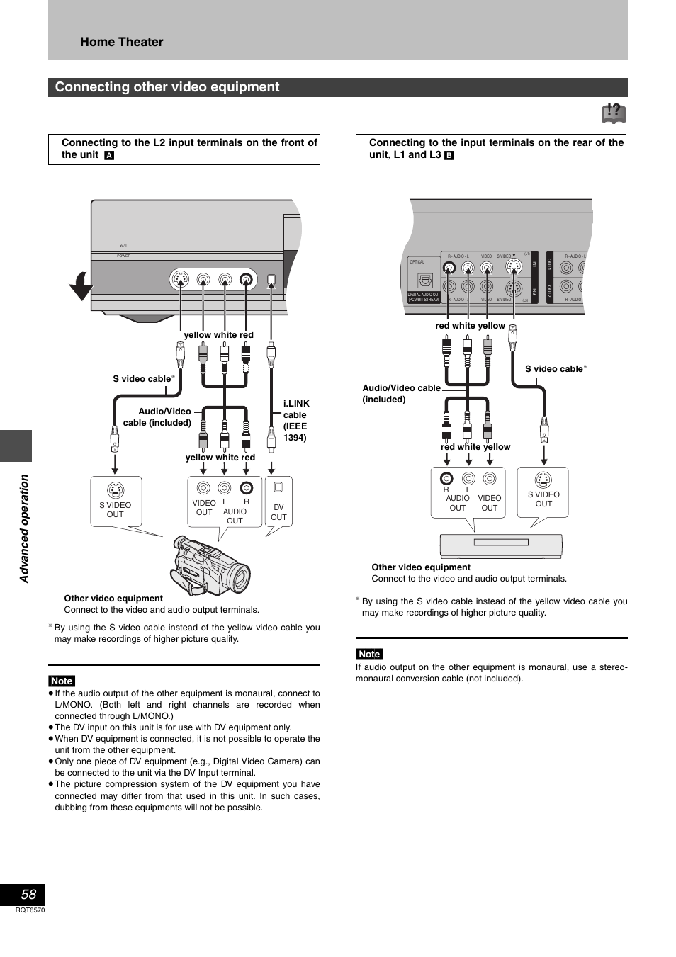 Connecting other video equipment, Home theater, Ad v a nc e d op e ra tion | Panasonic DMR-HS2 User Manual | Page 58 / 76